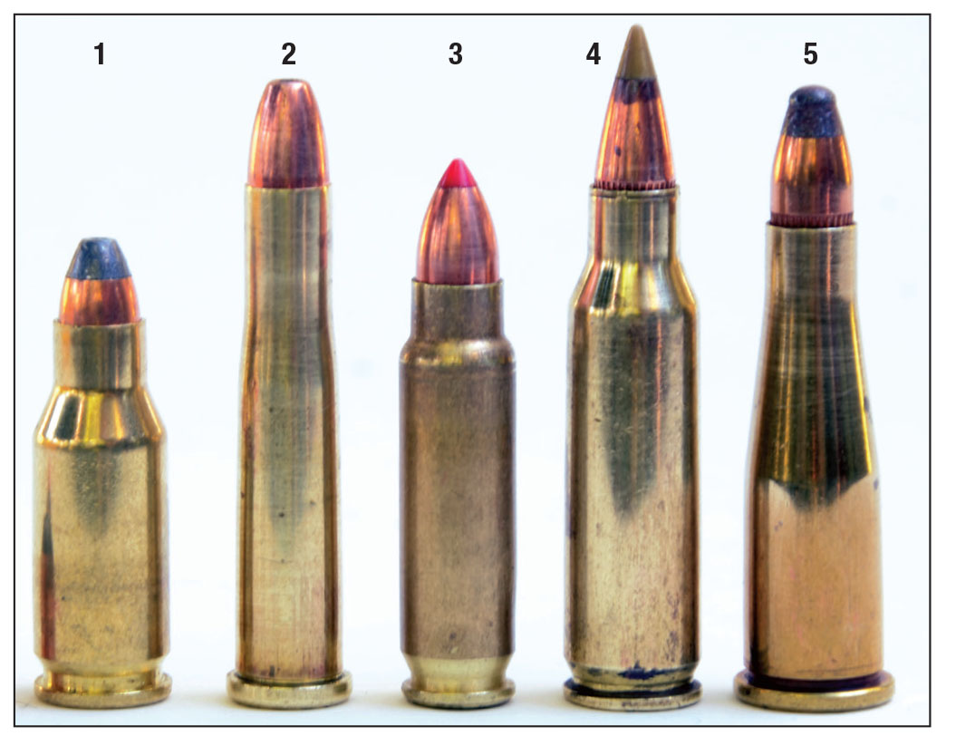 The case capacity of the .22 TCM is close to that of the .22 Hornet and its velocity with a 40-grain bullet is about the same as for the 5.7x28 FN: (1) .22 TCM, (2) .22 Hornet, (3) 5.7x28 FN, (4) .221 Remington Fireball and (5) .22 Remington Jet.